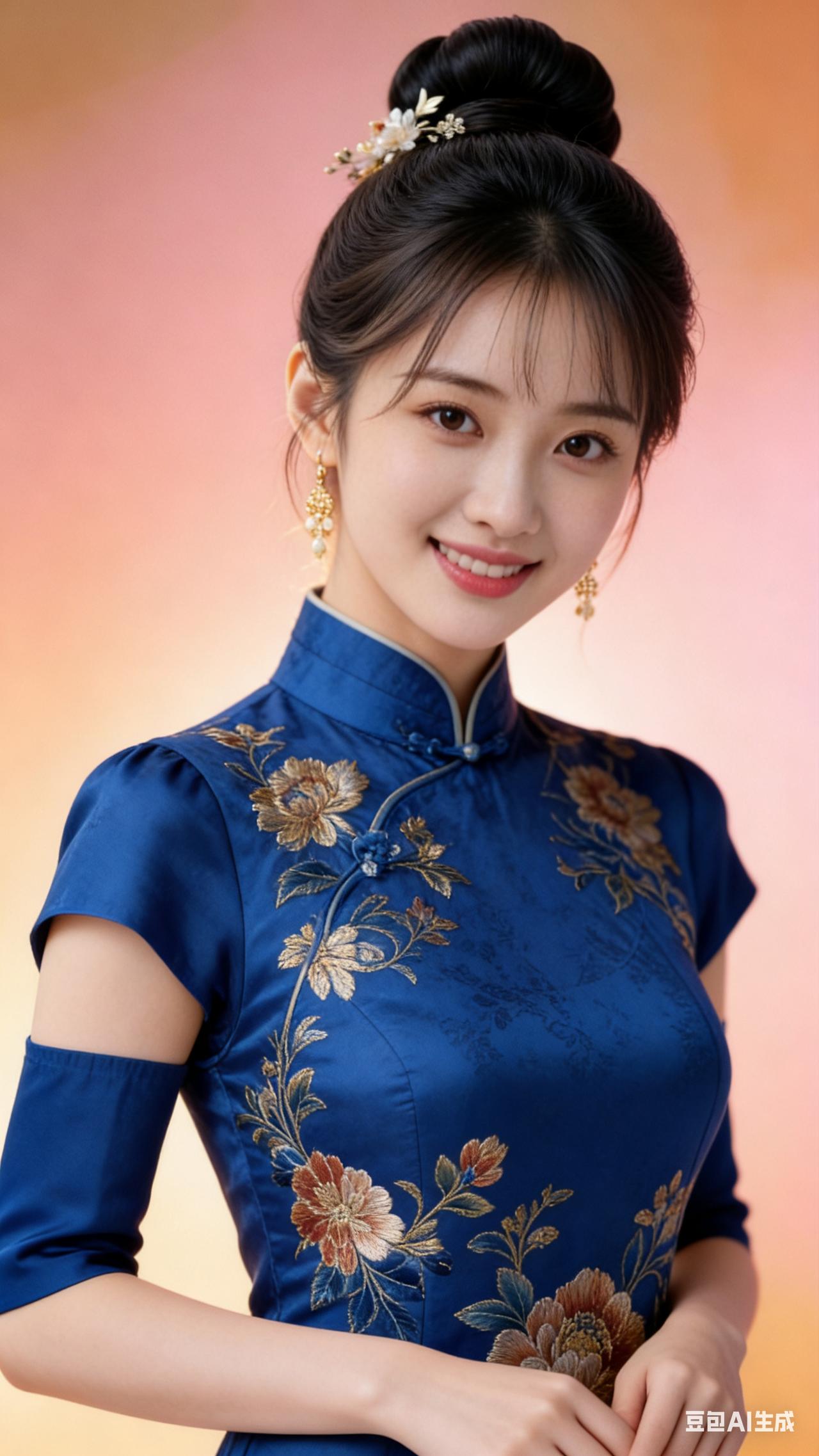 她身着简约中式旗袍，那经典立领盘扣，尽显温婉雅致，素雅又高级，既神秘又梦幻。旗袍