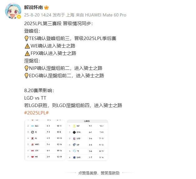 LPL赛果影响: TES确认登峰组前三, LGD若击败TT即可进入骑士之路