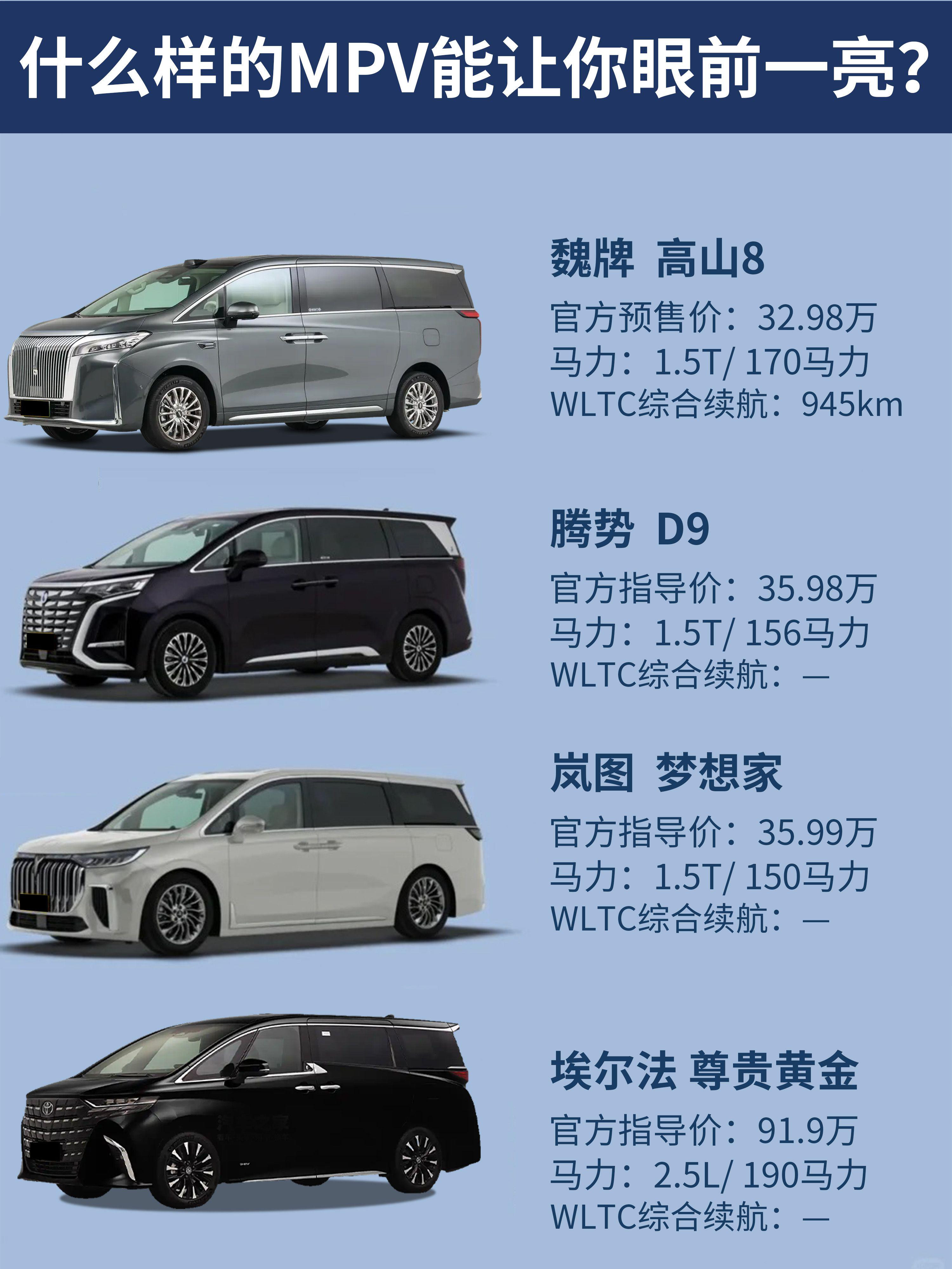 30万预算MPV怎么选？高山8/D9/梦想家/埃尔法真实测评！动力性能表现：各车
