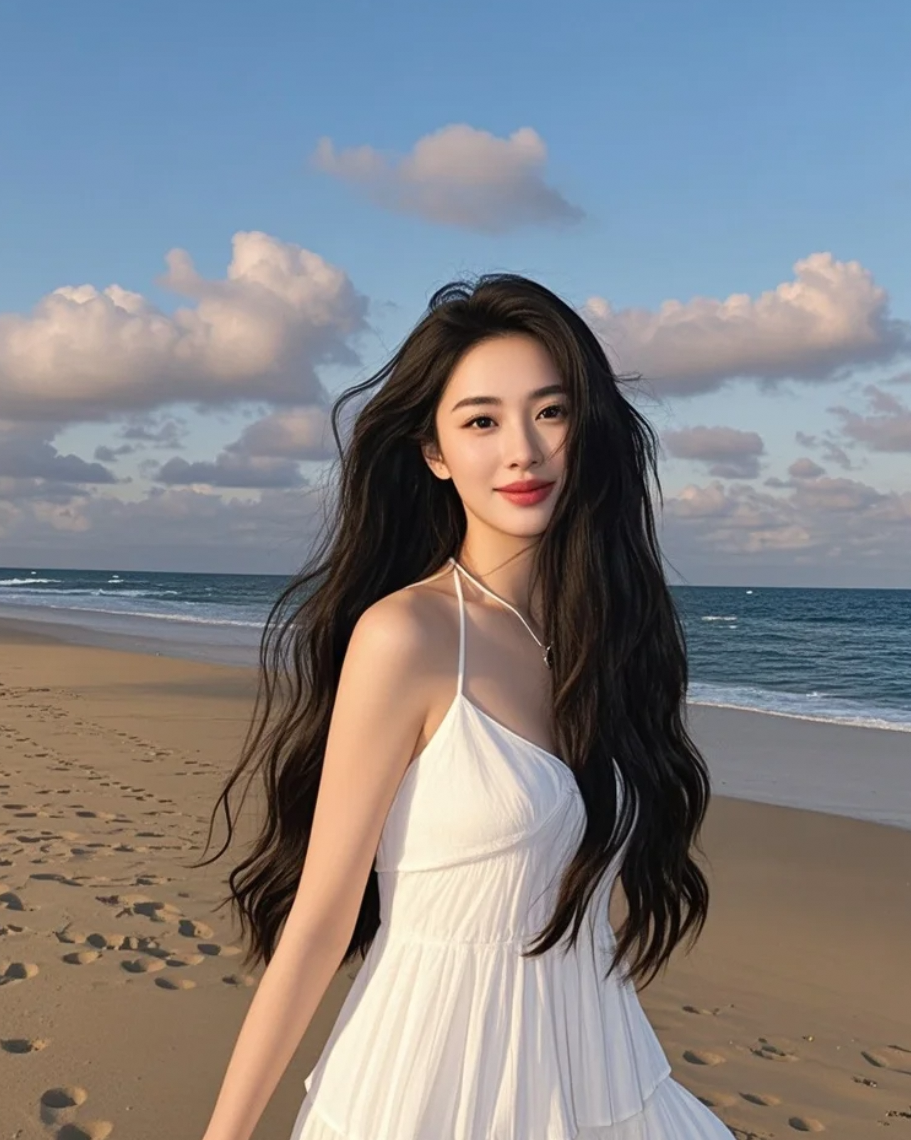 夕阳下，她的长发与白裙，是心动的信号
