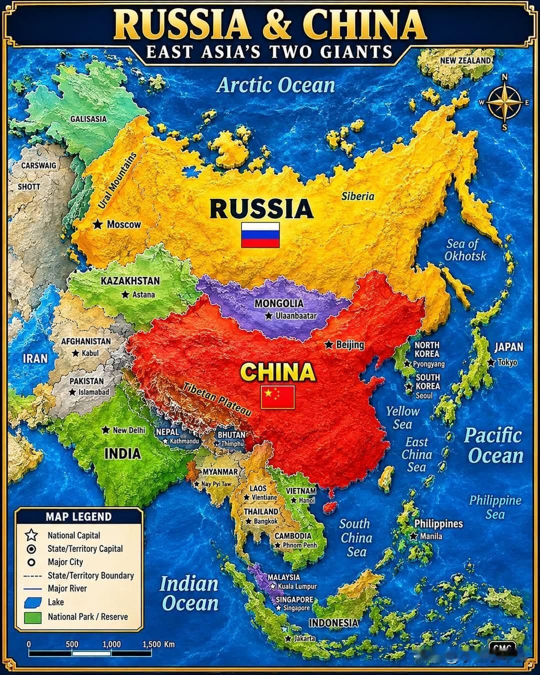 🌏俄罗斯和中国—欧洲的两个巨人俄罗斯和中国在欧洲地图上占据着相当大的位