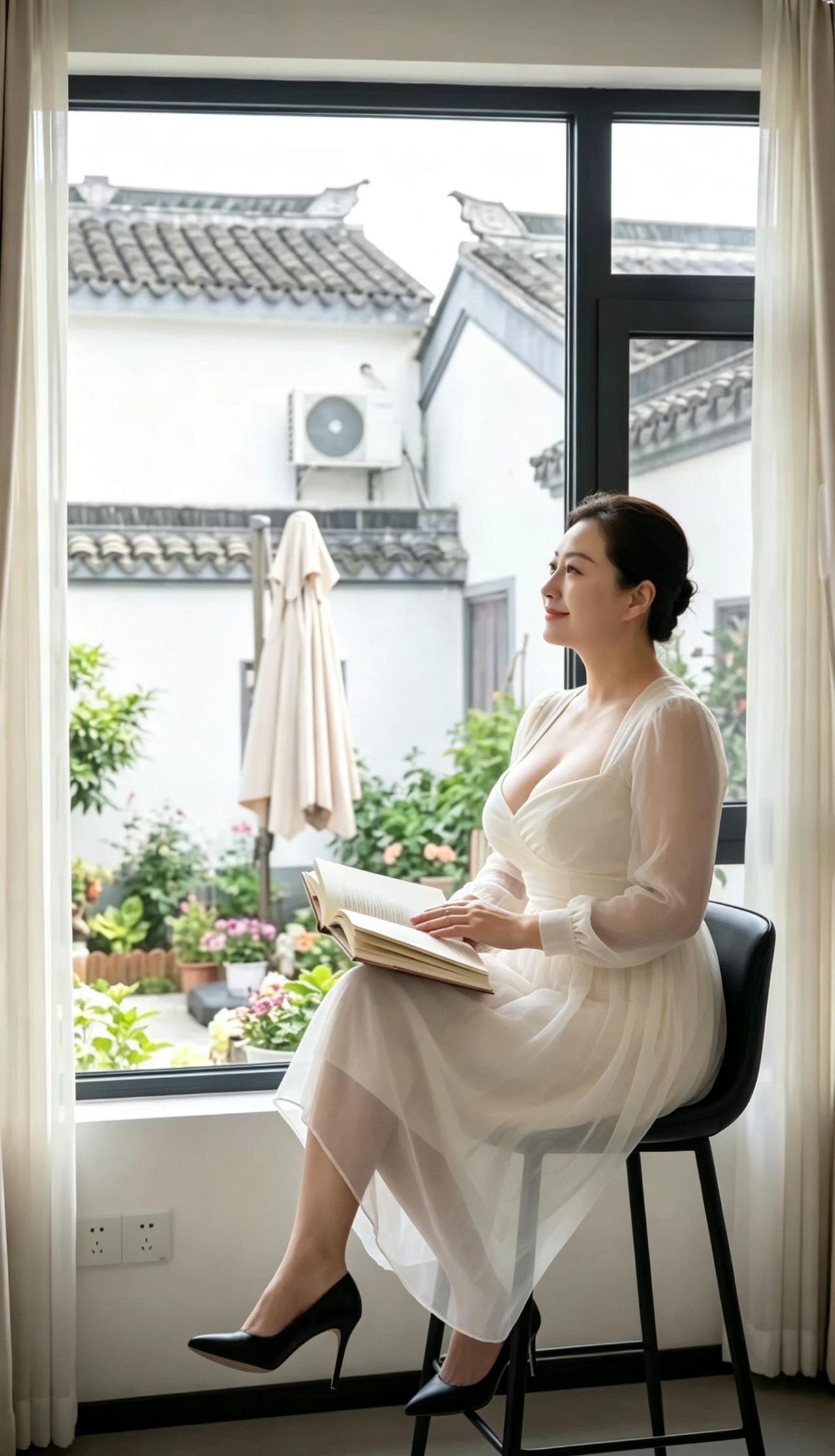 谁不向往一份不被世事打扰的慢时光呢？一袭素雅白裙，静坐窗边，手里捧着一本书