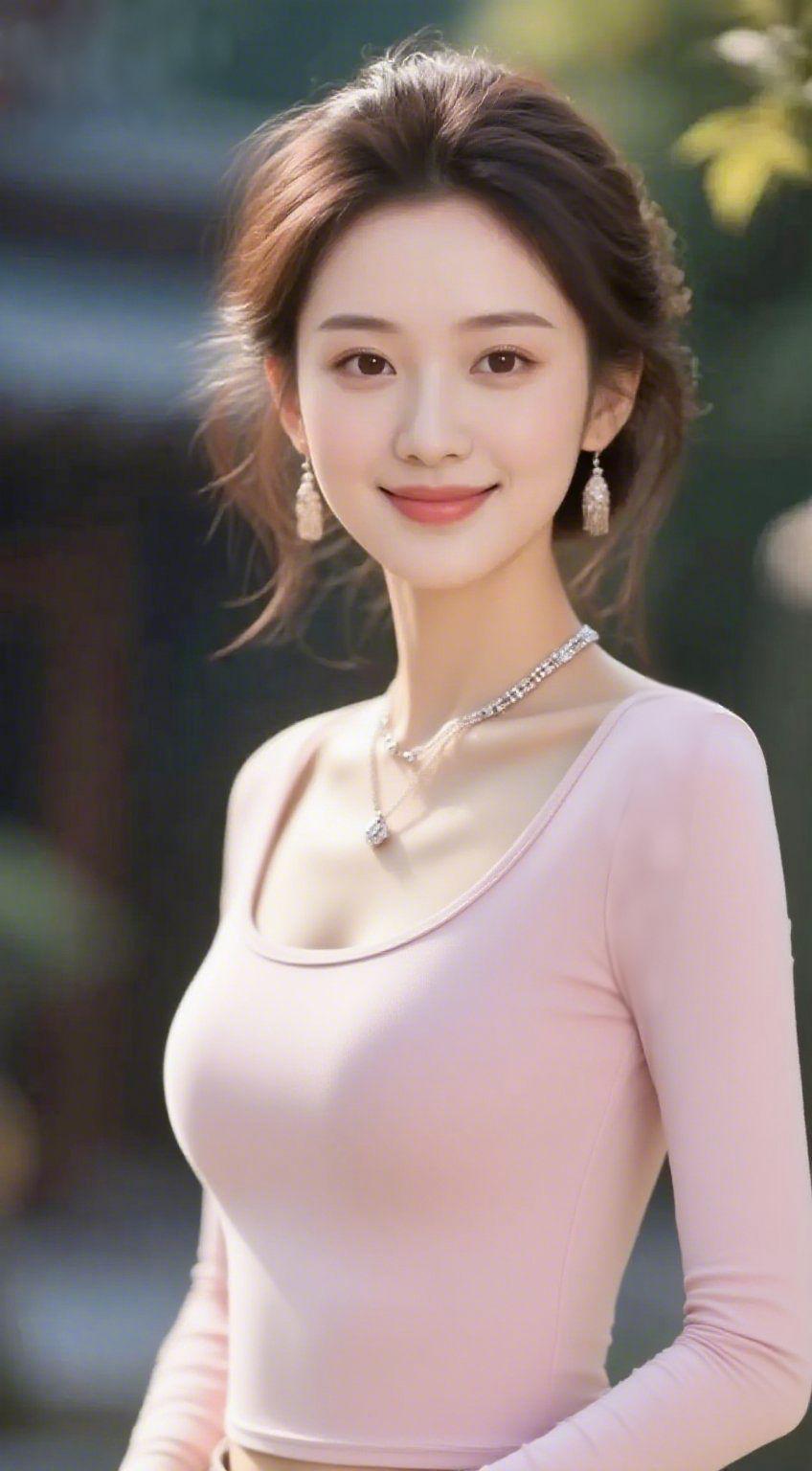 粉衫浅笑漾温婉暖融融的日光透过枝叶洒落，在背景里晕出朦胧的绿意。她身着浅粉