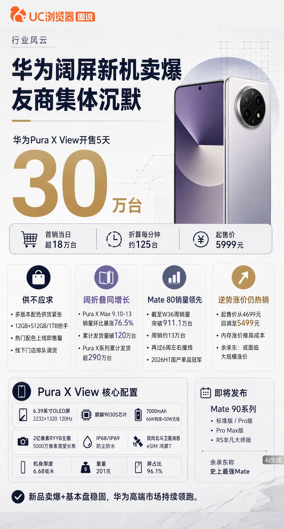 起售价5999元的华为PuraXView开售5天卖30万台，热门版供不应求。在换机周期拉长的当下，这