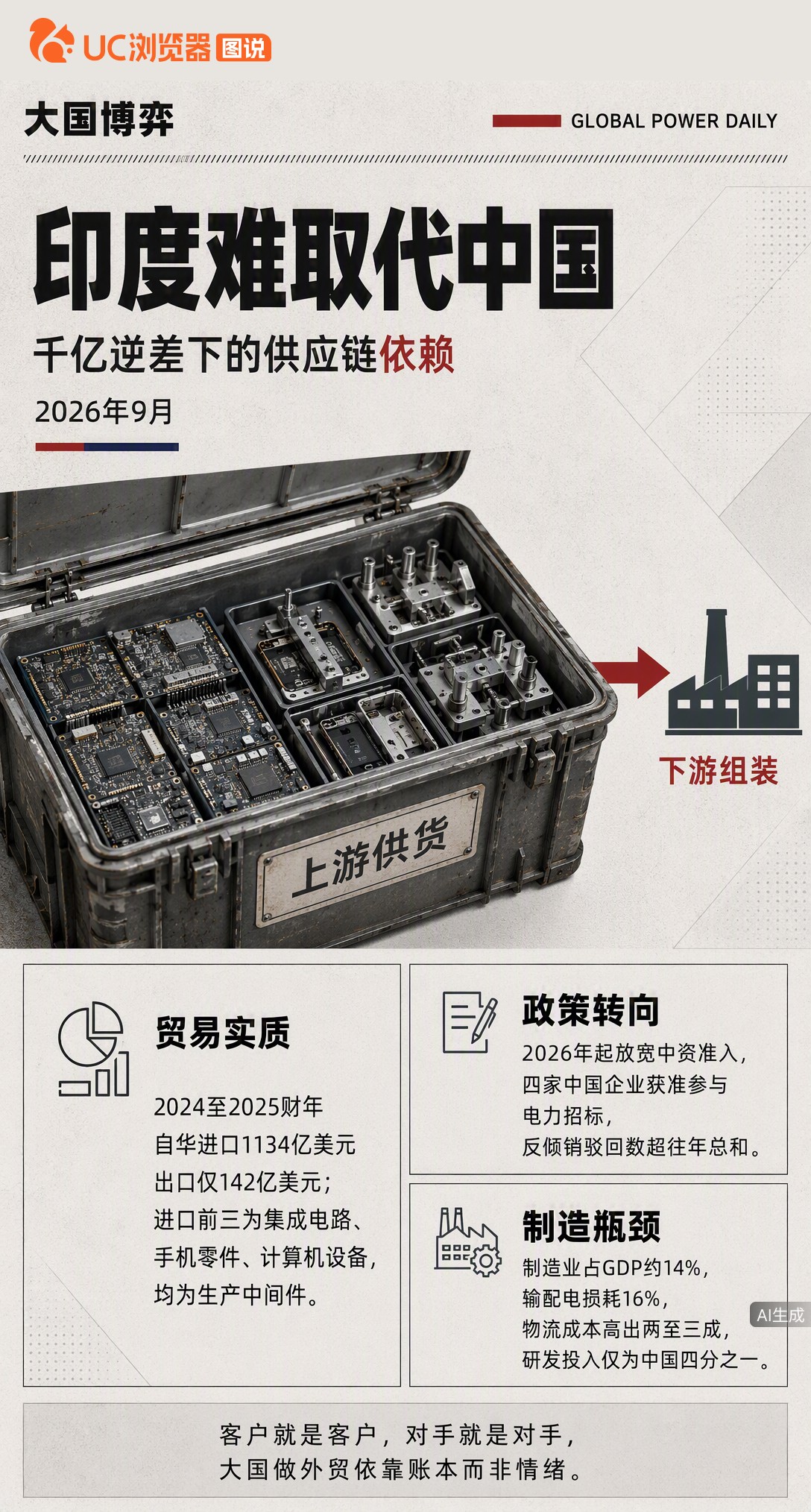 金砖峰会莫迪全程陪同中方代表，表态要做伙伴。毕竟印度对华逆差近千亿美元，手机零件还得靠中国供，工厂离