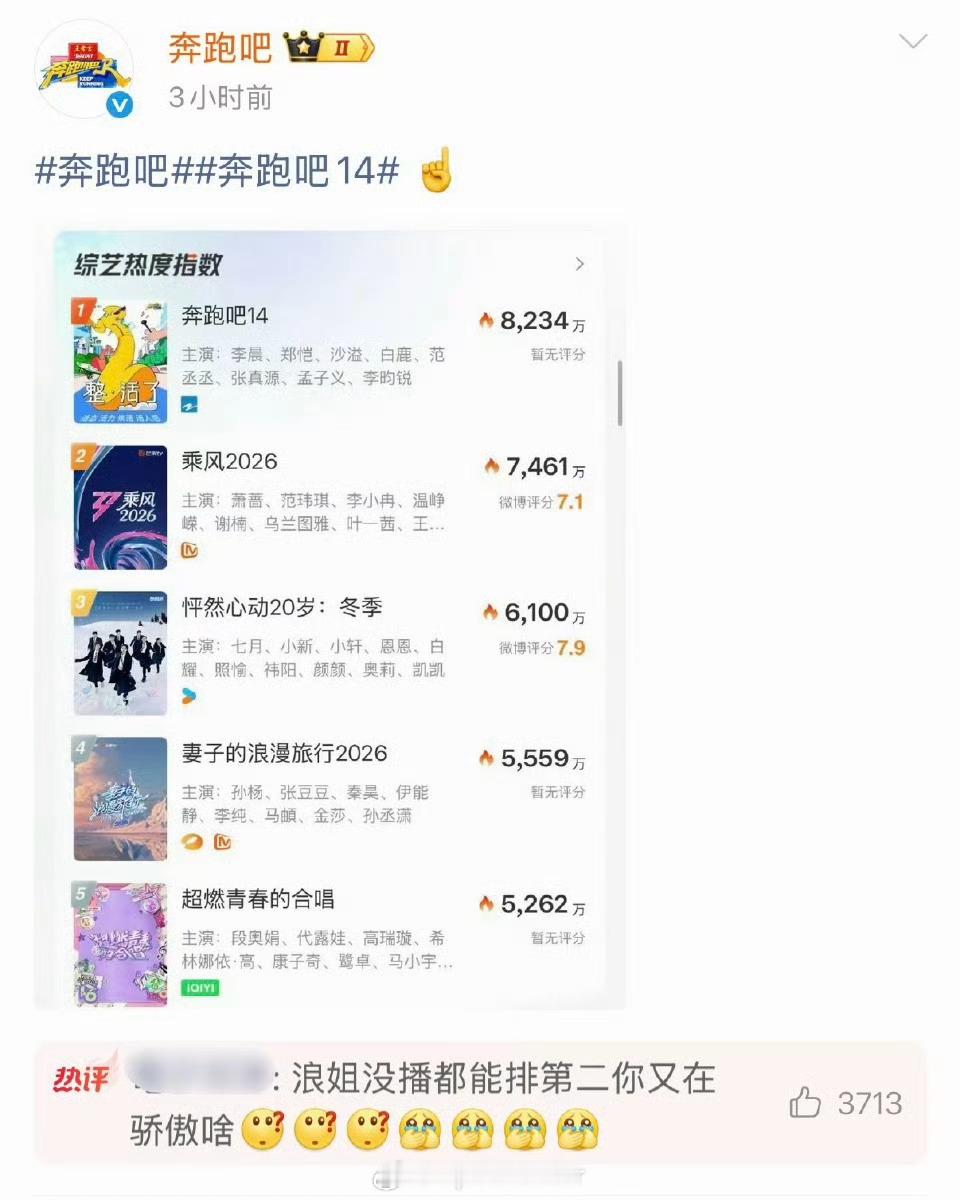跑男收视率浪姐没播想说浪姐都没上星，怎么会和跑男扯收视率。原来是这张图惹得跑男