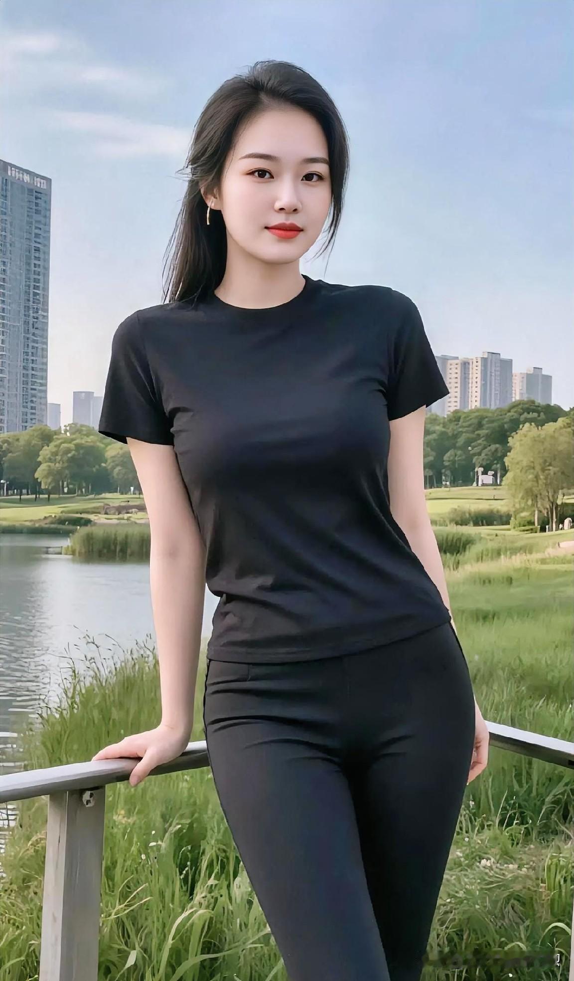 极简黑色套装勾勒利落身姿，倚栏而立，都市绿地与蓝天为背景，尽显清爽自信的现代美感