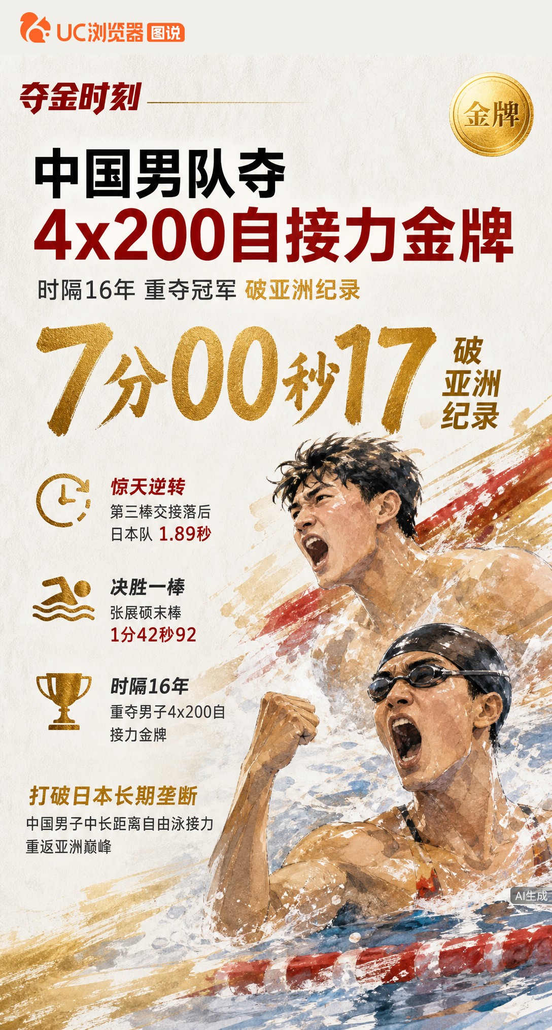 7分00秒17破亚洲纪录！中国男队4x200自接力夺冠，结束16年等待。张展硕末棒1分42秒92逆转