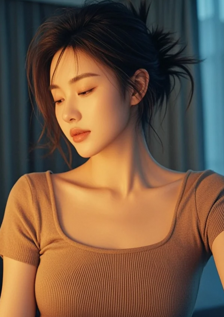 光线交错间，她的伤感微笑触动人心