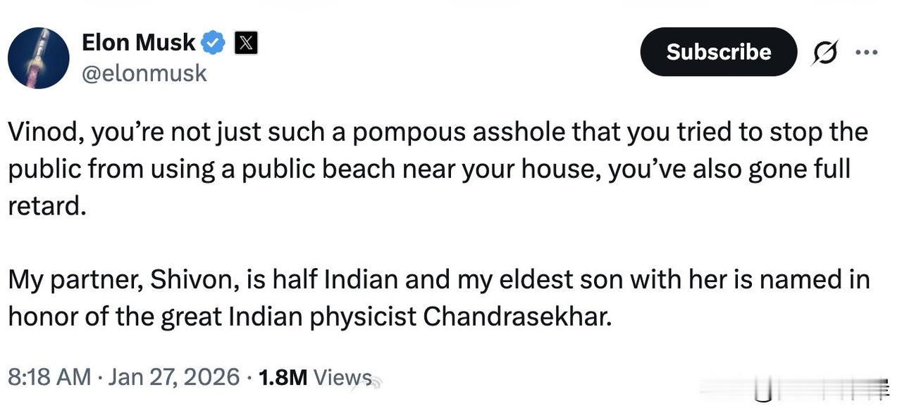 马斯克怒骂VinodKhosla，称其是“白痴”。此前Vinod指责马斯克在推