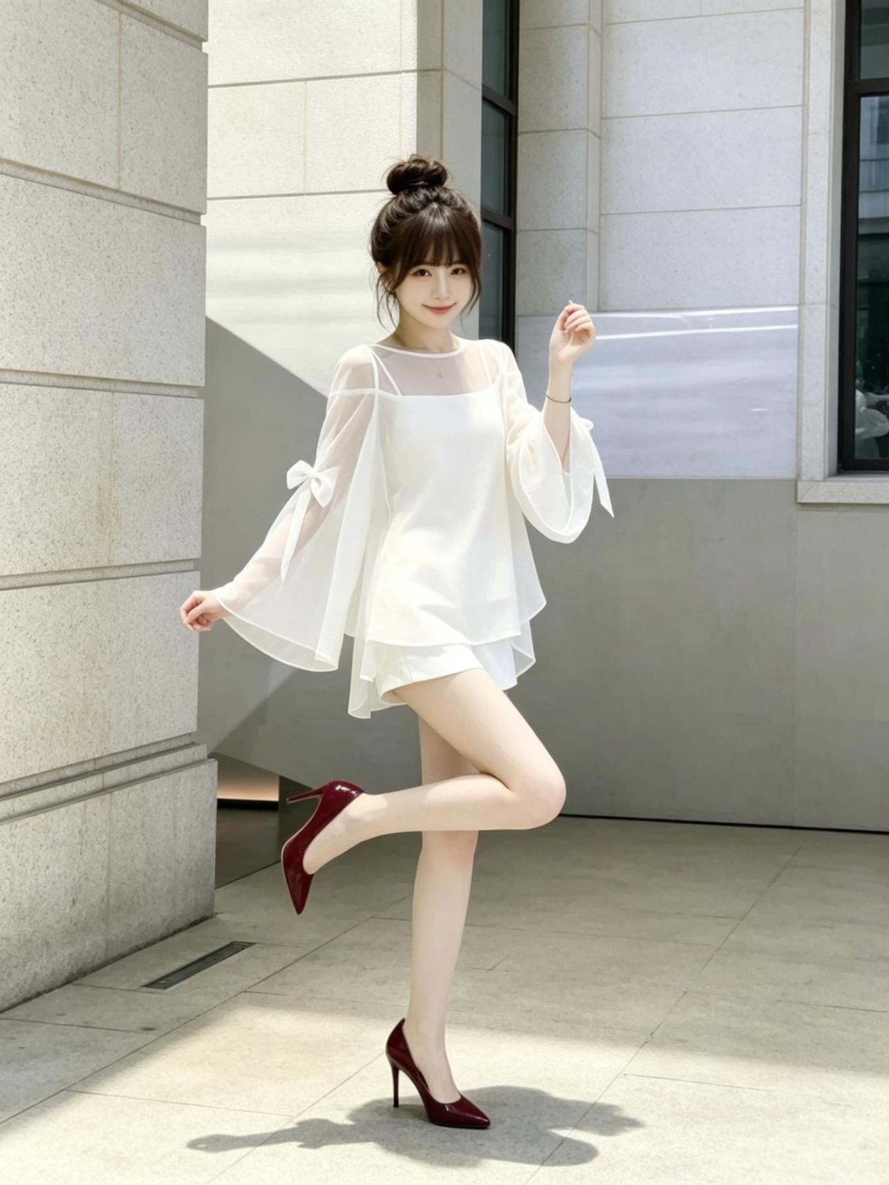 甜美少女风穿搭，白色透视长袖上衣搭配红色高跟鞋，轻松展现优雅气质！💃👗👠女