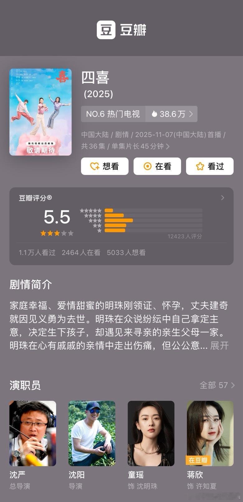 豆瓣开分5.5，评分人数1.24万，看来是狗血雷剧，评分低收视率高。豆瓣开分6