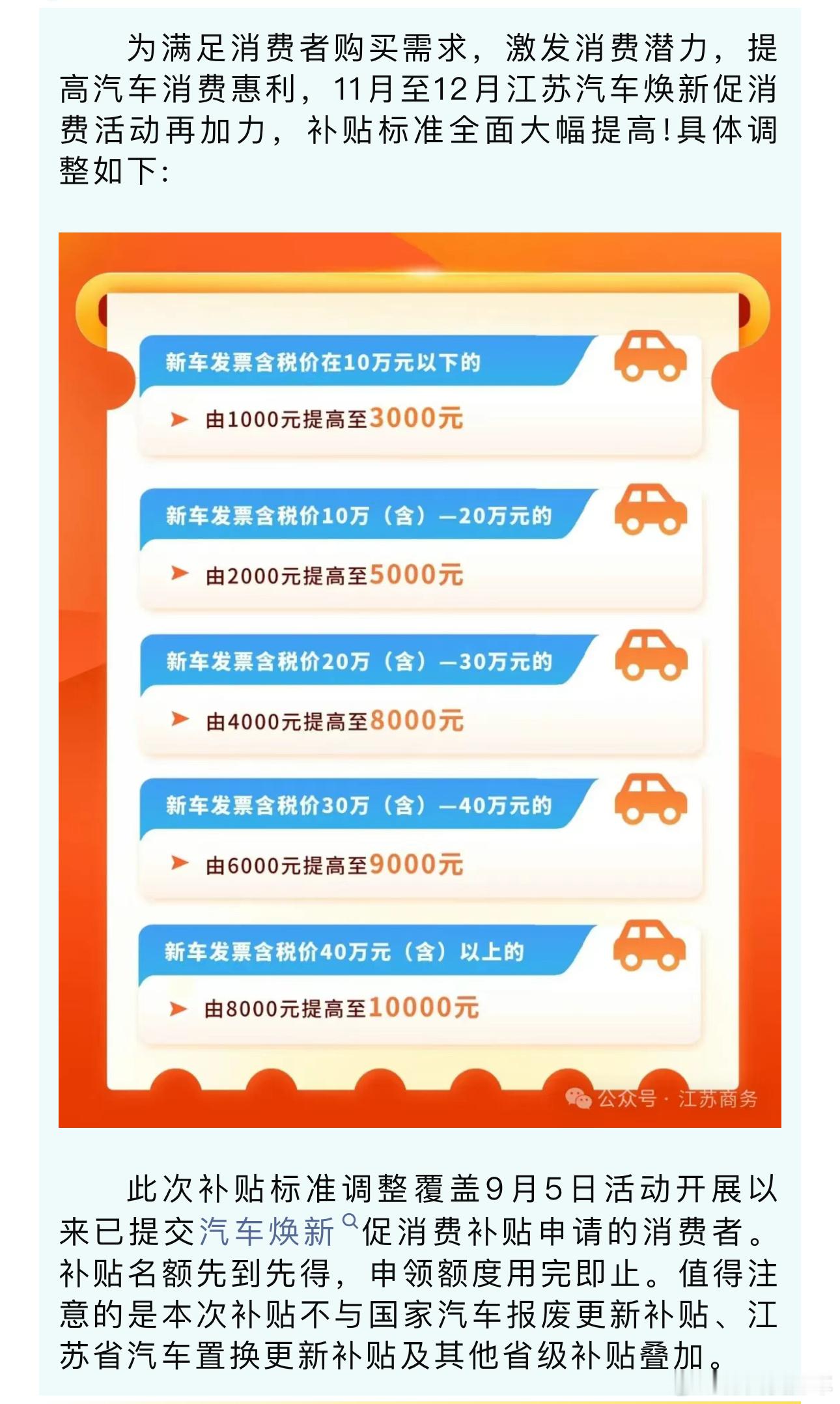 江苏省购车补贴政策加码了，目前来看没啥硬性条件限制，在等补贴的朋友可以出手了，但