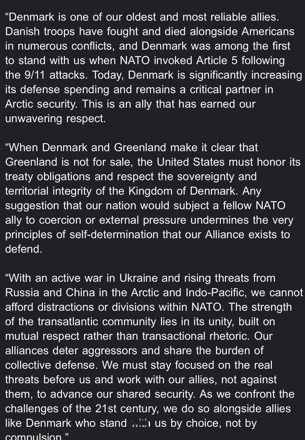 ·美参议院罕见两党共同声明：丹麦是我们最古老、最可靠的盟友之一。川普总统必须