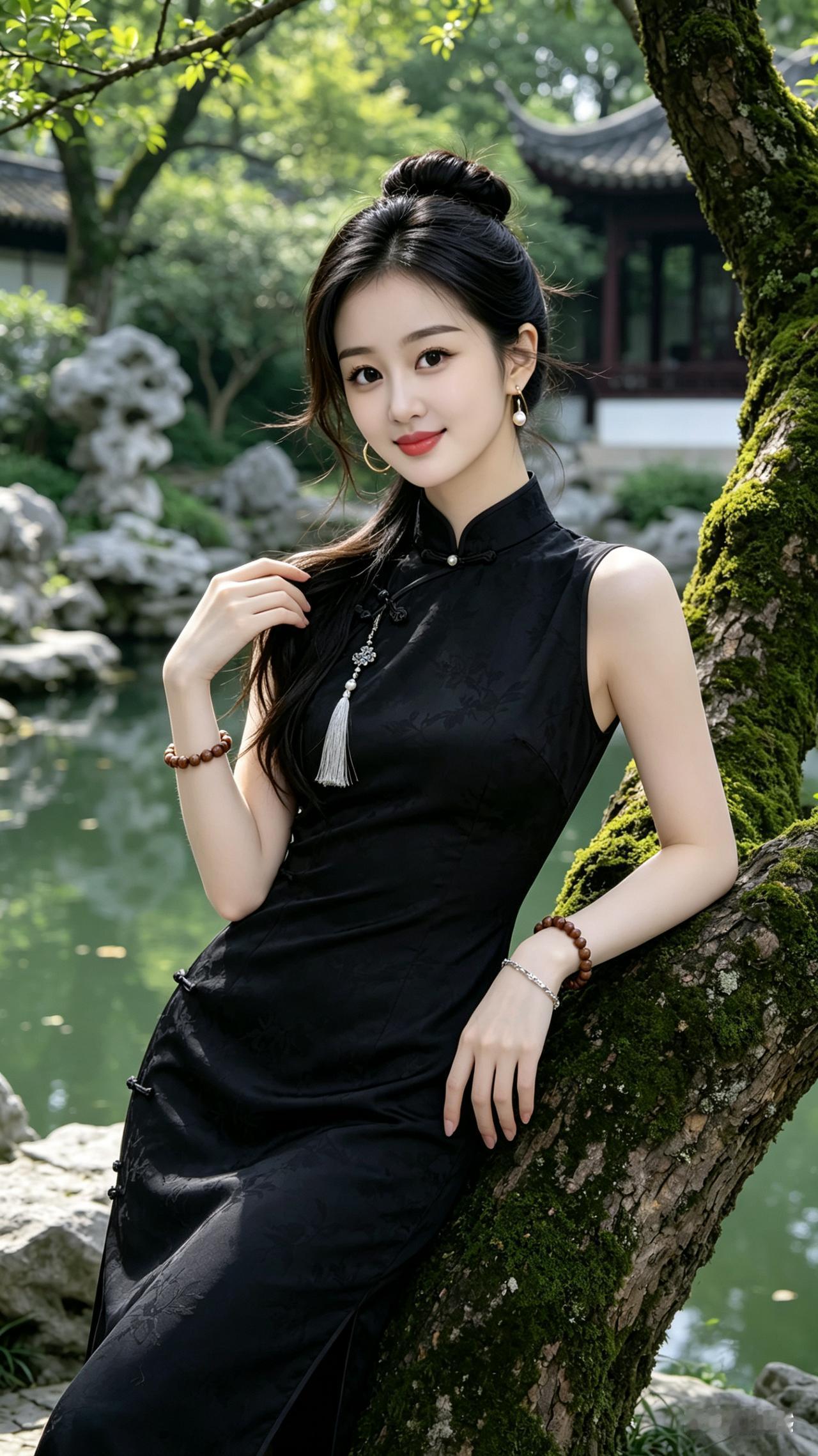 黑发盘髻带碎发，女子穿黑底盘扣流苏旗袍，珍珠木饰点缀，倚青苔树干轻撩发丝。池畔假