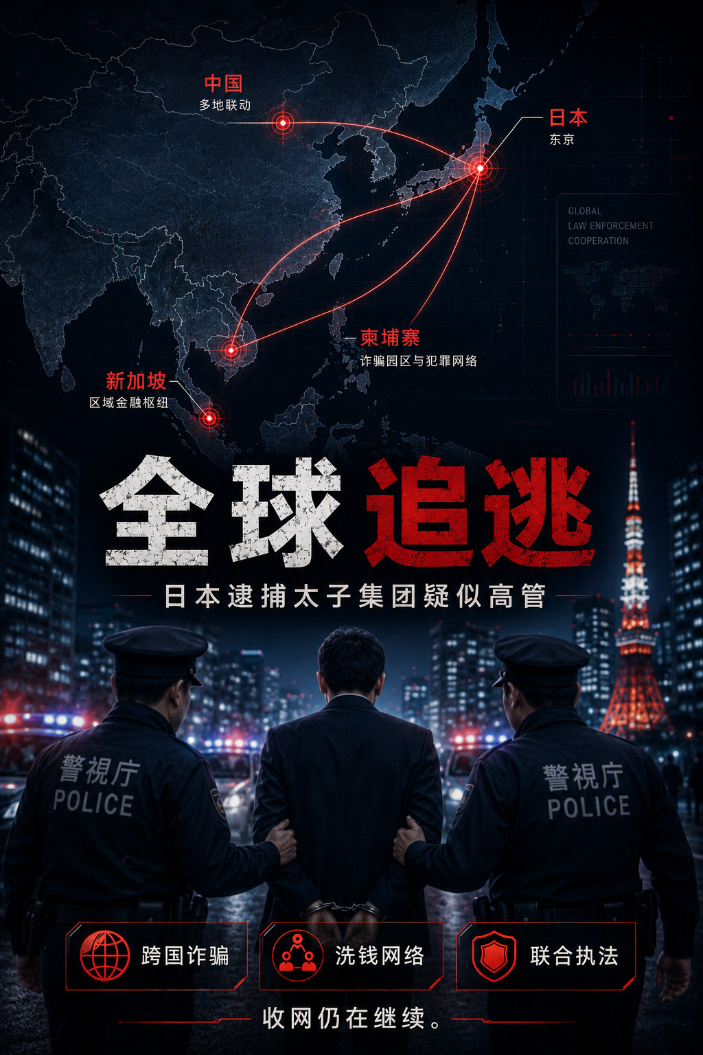 日本警方逮捕太子集团疑似高管，全球追逃行动再度升级东京警视厅6月14日在大阪将一