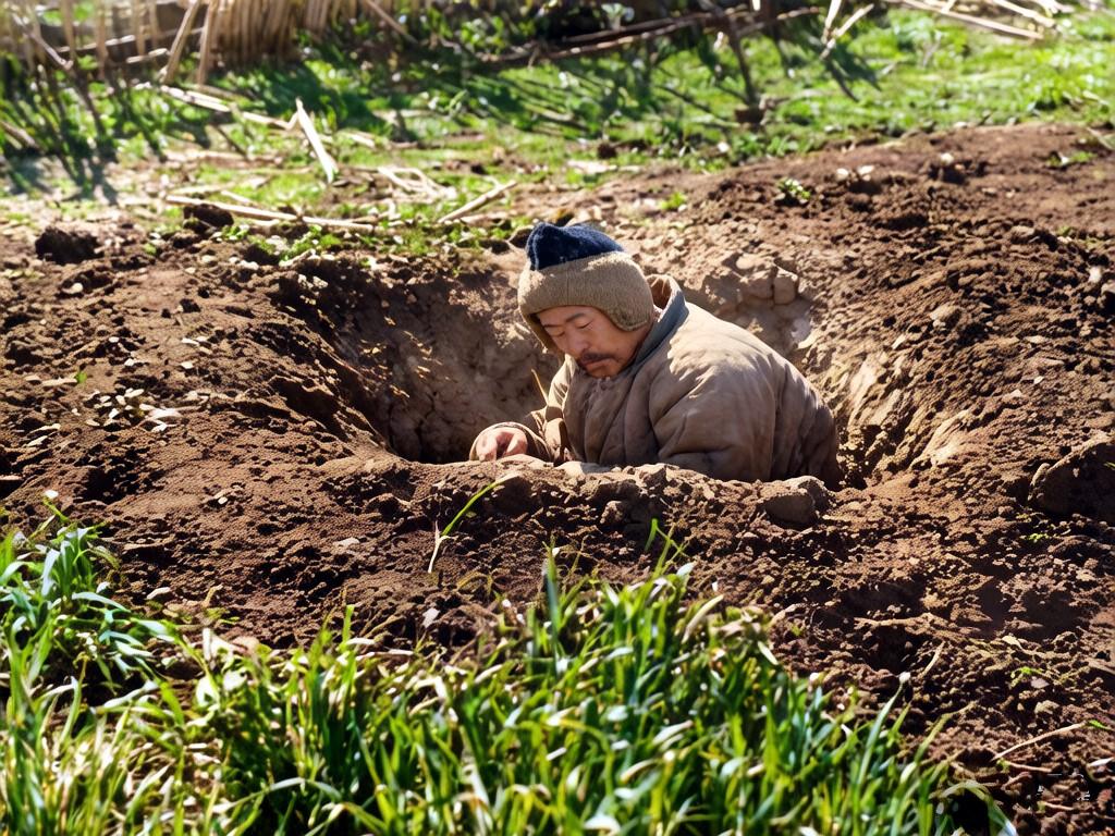 武汉会战期间，一位居住在武汉近郊的农民在自家菜地里挖出一个土坑，作为躲避空袭的掩