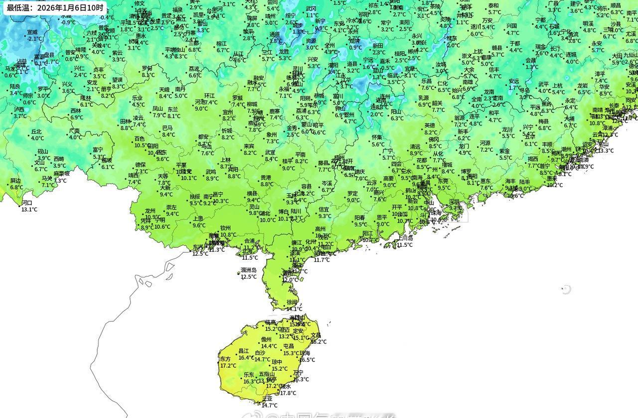 这波冷空气对华南影响更为突出，今早最低气温10度线又南下到华南沿海；等今晚明晨彻