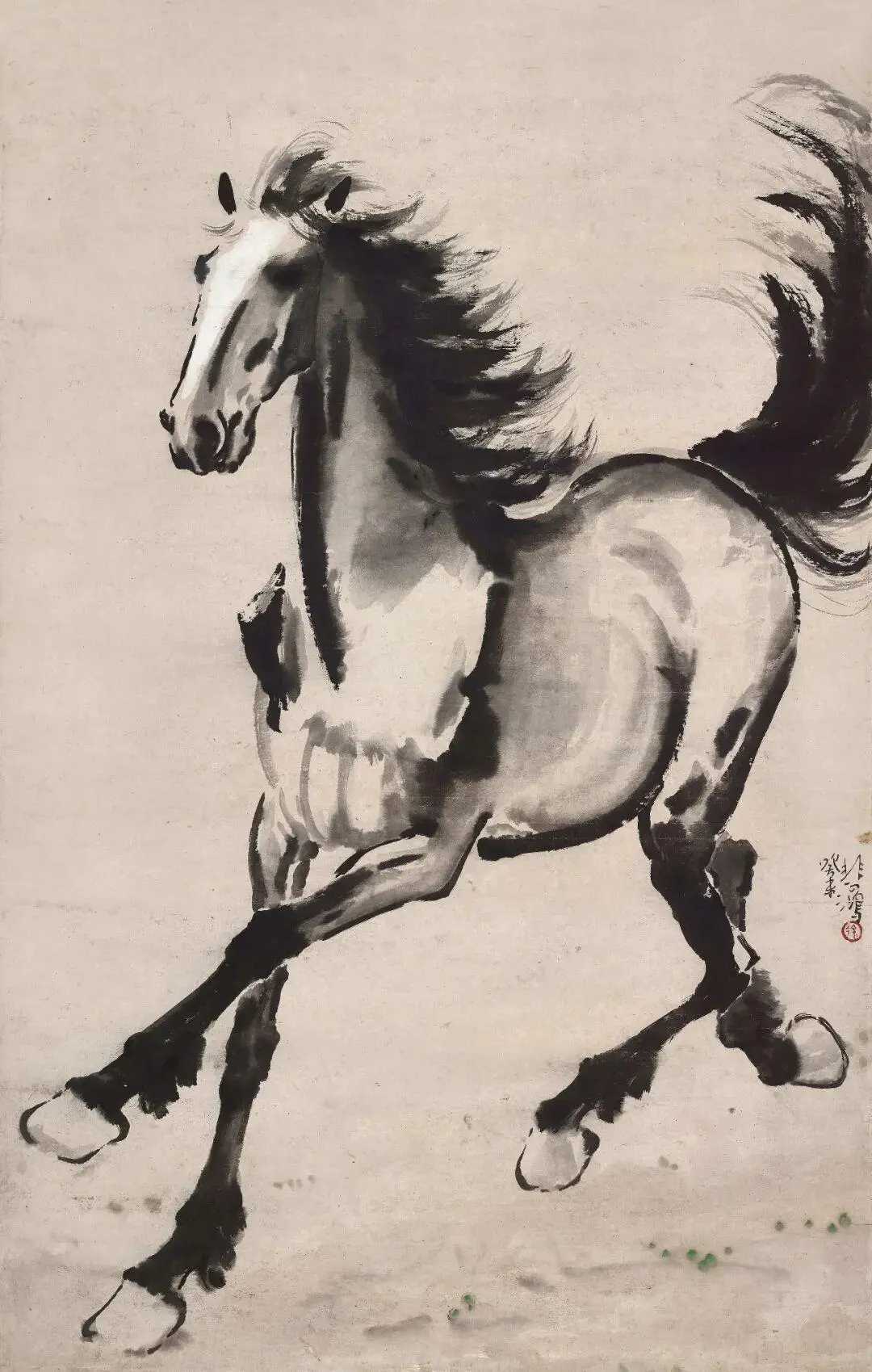 徐悲鸿《奔马》，镜心 设色纸本89×56.5cm。作于1943年(癸末)，画