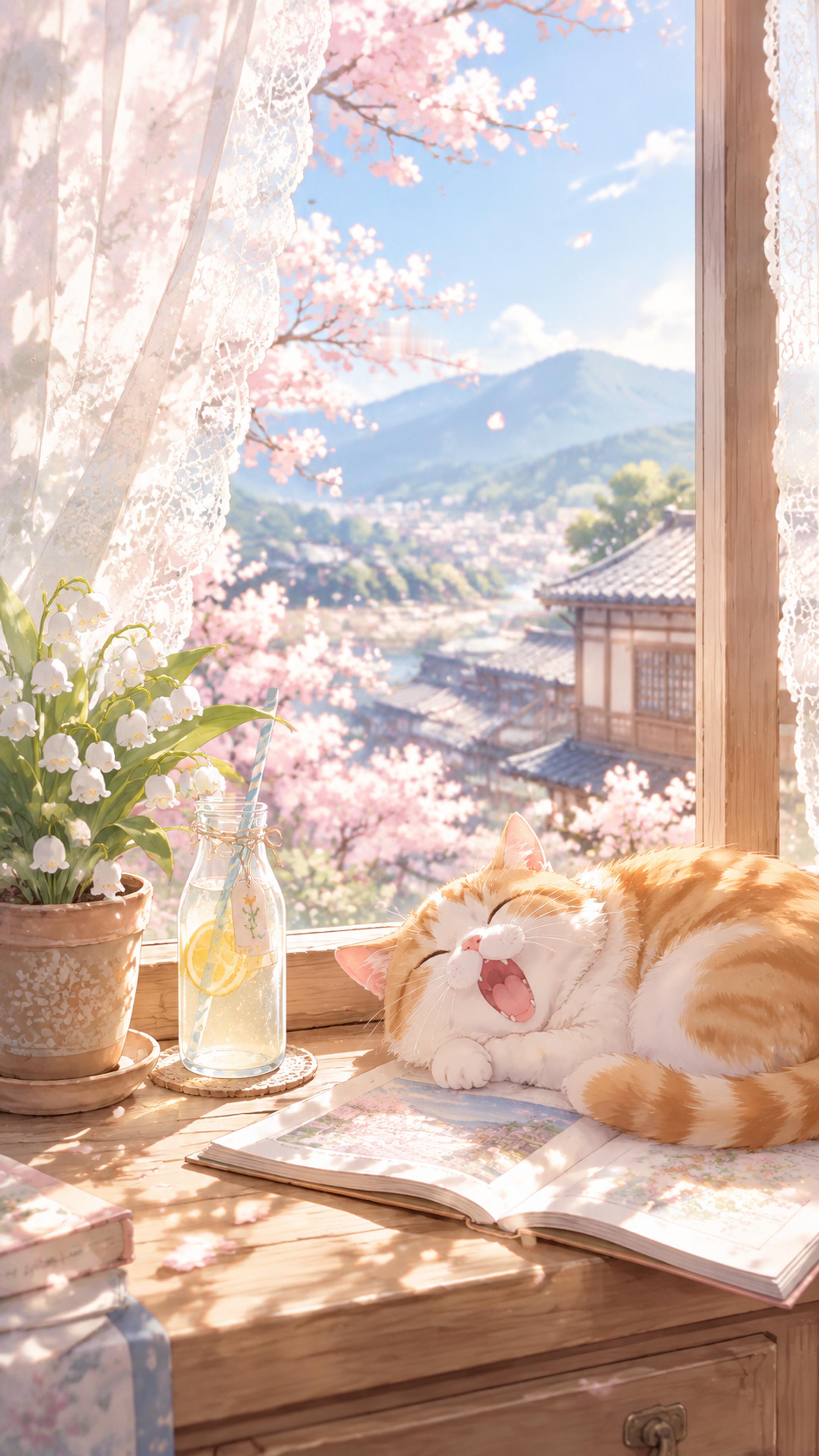 手机壁纸|春晨的猫，夏夜的灯，秋日骑单车回家的路。一屏装下三个值得慢下来的瞬