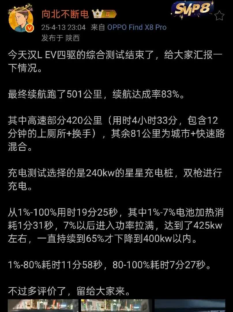 迪粉头子“向北不断电”实测了汉L的能耗以及充电情况。1️⃣续航达成率83%。