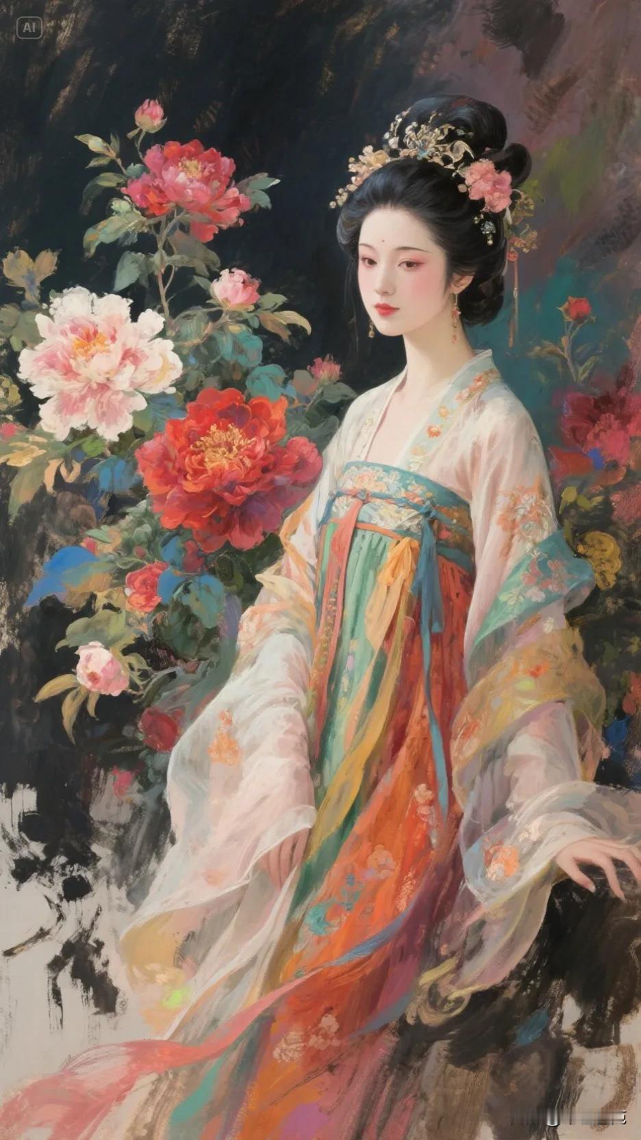 【油画】花间美人，锦衣华裳。春日生活打卡季油画美女图油画风美女油画仕女古