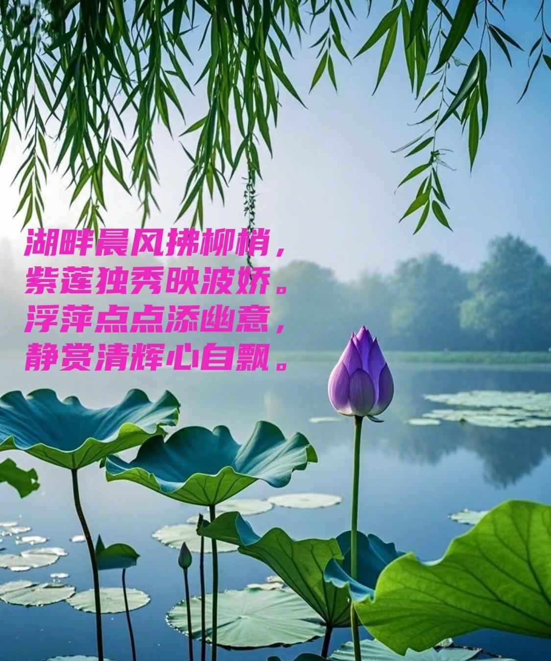 #欣赏荷花的美景#[比心][比心]湖畔晨风拂柳梢，紫莲独秀映波娇。
