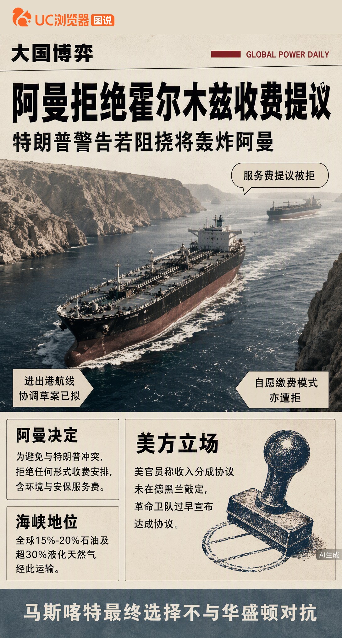 据《纽约邮报》，阿曼连夜拒绝伊朗霍尔木兹海峡收费提议，连自愿模式也不接受。此前特朗普曾放话“敢阻挠就