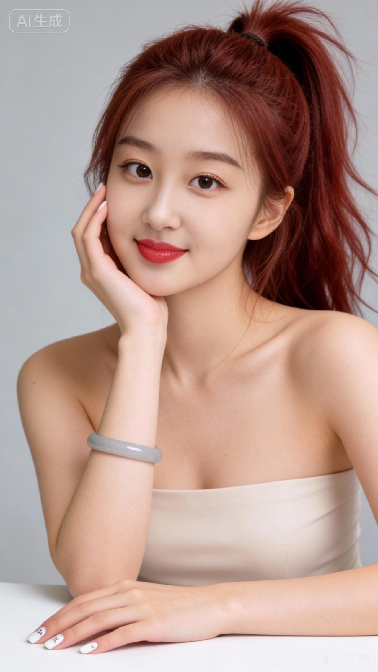 元气少女，红发飘逸，甜美笑容，时尚穿搭