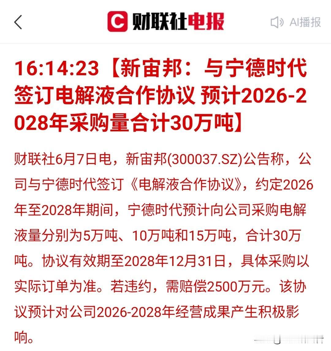 刚刷到消息，新宙邦拿下宁德时代三年电解液大单，要是产能跟上，业绩基本稳了大半。