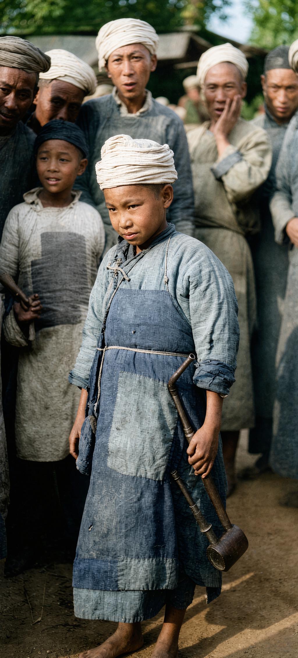 1928年，成都街头，一男孩头缠白布头巾，身着带有拼接补丁的宽大长衫，赤足，神情