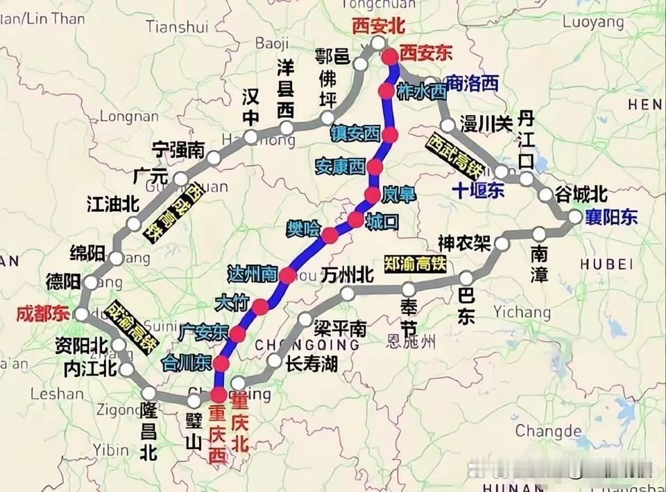 西安、重庆现有三条高铁互通线路，但均存在绕行短板。其一为西成转成渝高铁，绕行成