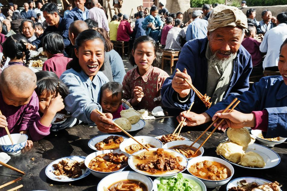 1958年，北京玉渊潭人民公社，社员们欢庆国庆节集体聚餐。照片中，一群社员围坐
