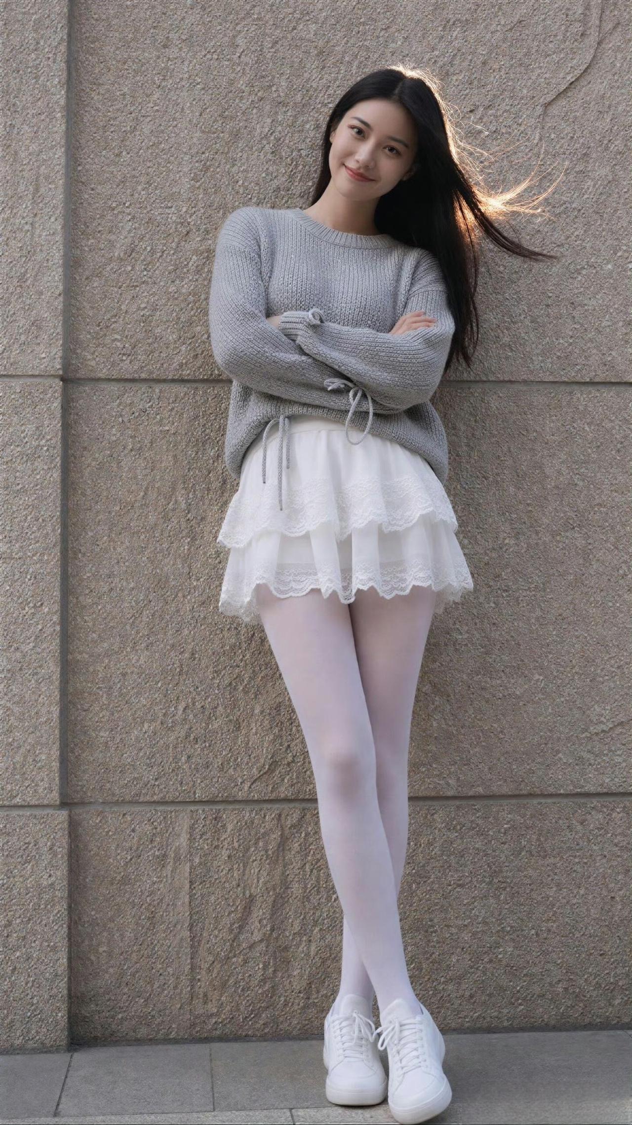 这套穿搭是清新甜美的灰调少女风，把软糯质感和灵动细节融合得很温柔。浅灰宽松针织衫
