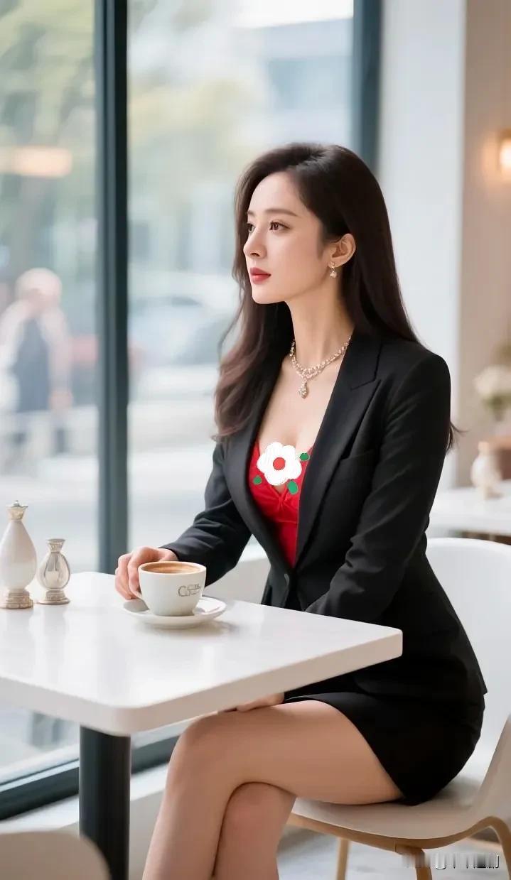 午后咖啡馆的窗边，黑西装裹着漫不经心的精致，红唇与红裙边碰了碰咖啡香。窗外的风慢