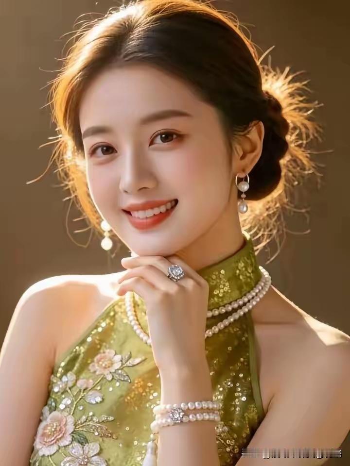 这姑娘打扮得真漂亮，珍珠项链好闪亮！