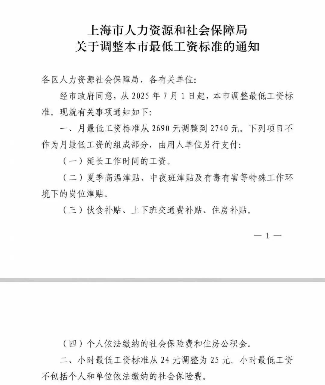 上海调整最低工资了，从原来的2690元/月上涨至2740元/月，小时最低工资则是