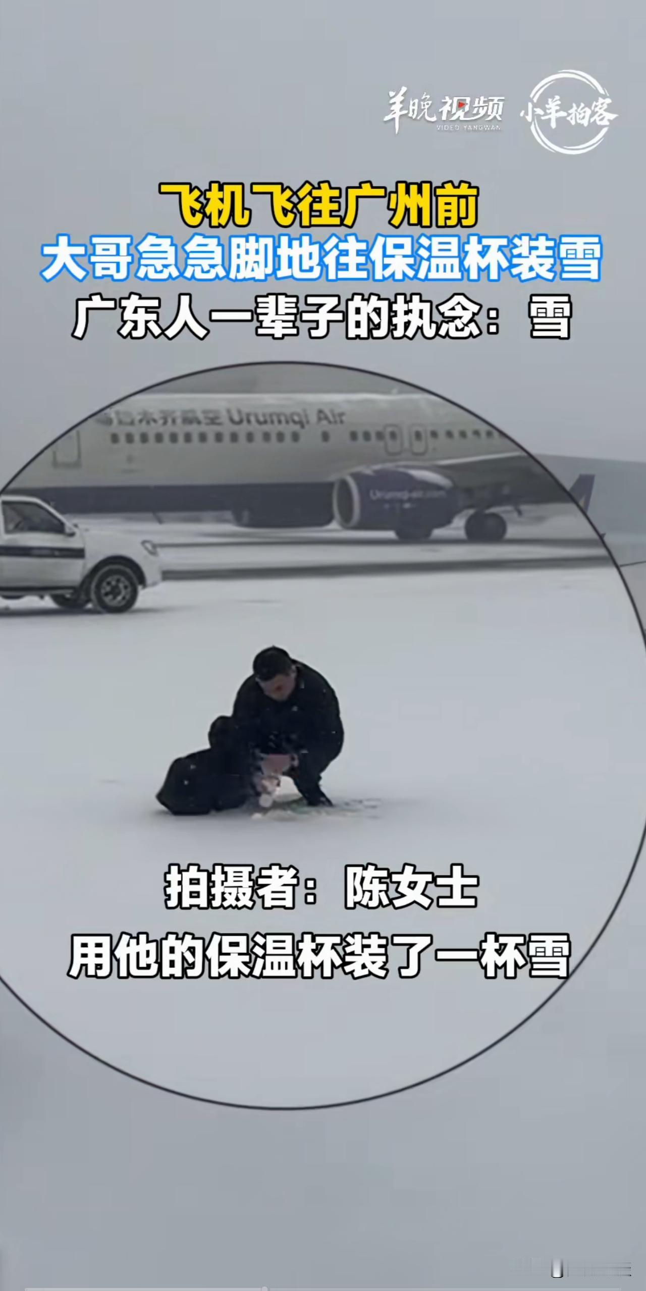 广东人对雪的执念——一广东男子在乌鲁木齐飞广州的飞机起飞前，用保温杯装了一瓶雪，