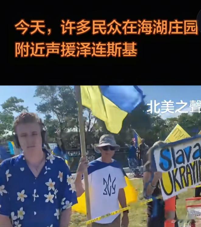 海湖庄园的铁栅栏外，一片片蓝黄相间的色彩迎风舒展。这不是政客们精心编排的外交秀