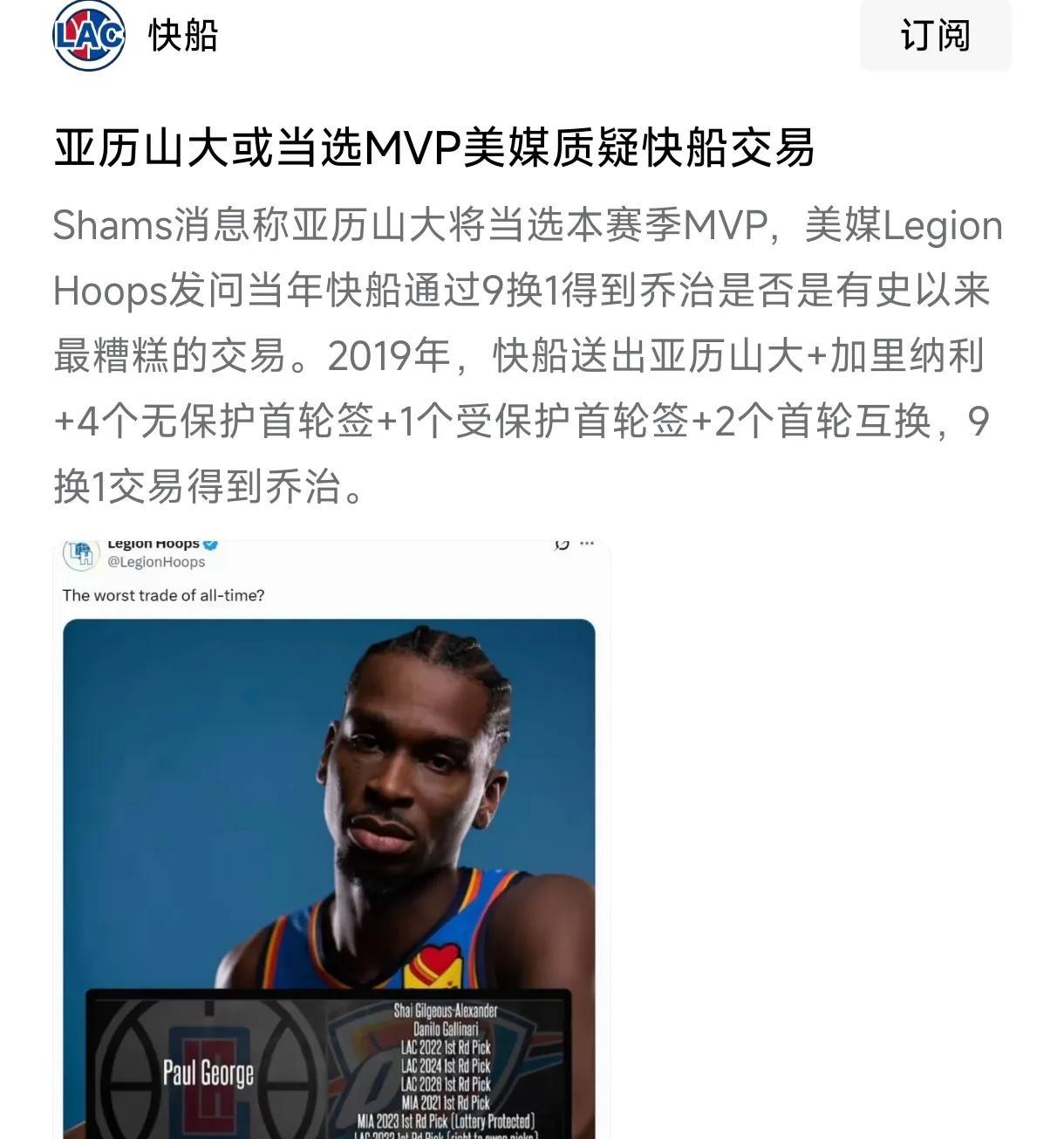 亚历山大终获mvp。东契奇却毛都没有。东契奇上赛季33.9分9.2篮板9.8