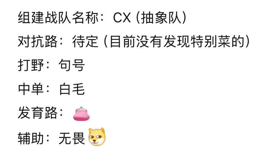 粉丝组建战队名称：CX（抽象队）把无畏放在这里面多少有点委屈了打野：句号