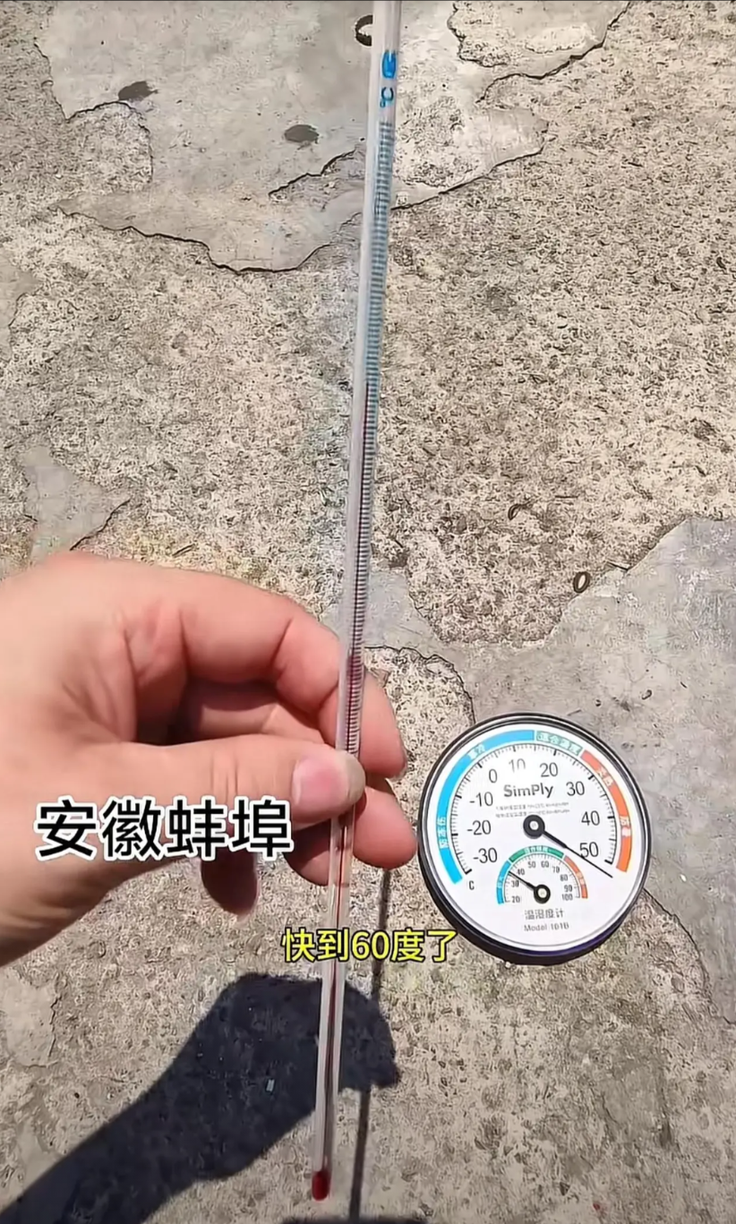 近日，有网友发布视频，用手持温度计在安徽省蚌埠市街头测量到的温度超过50℃，而此