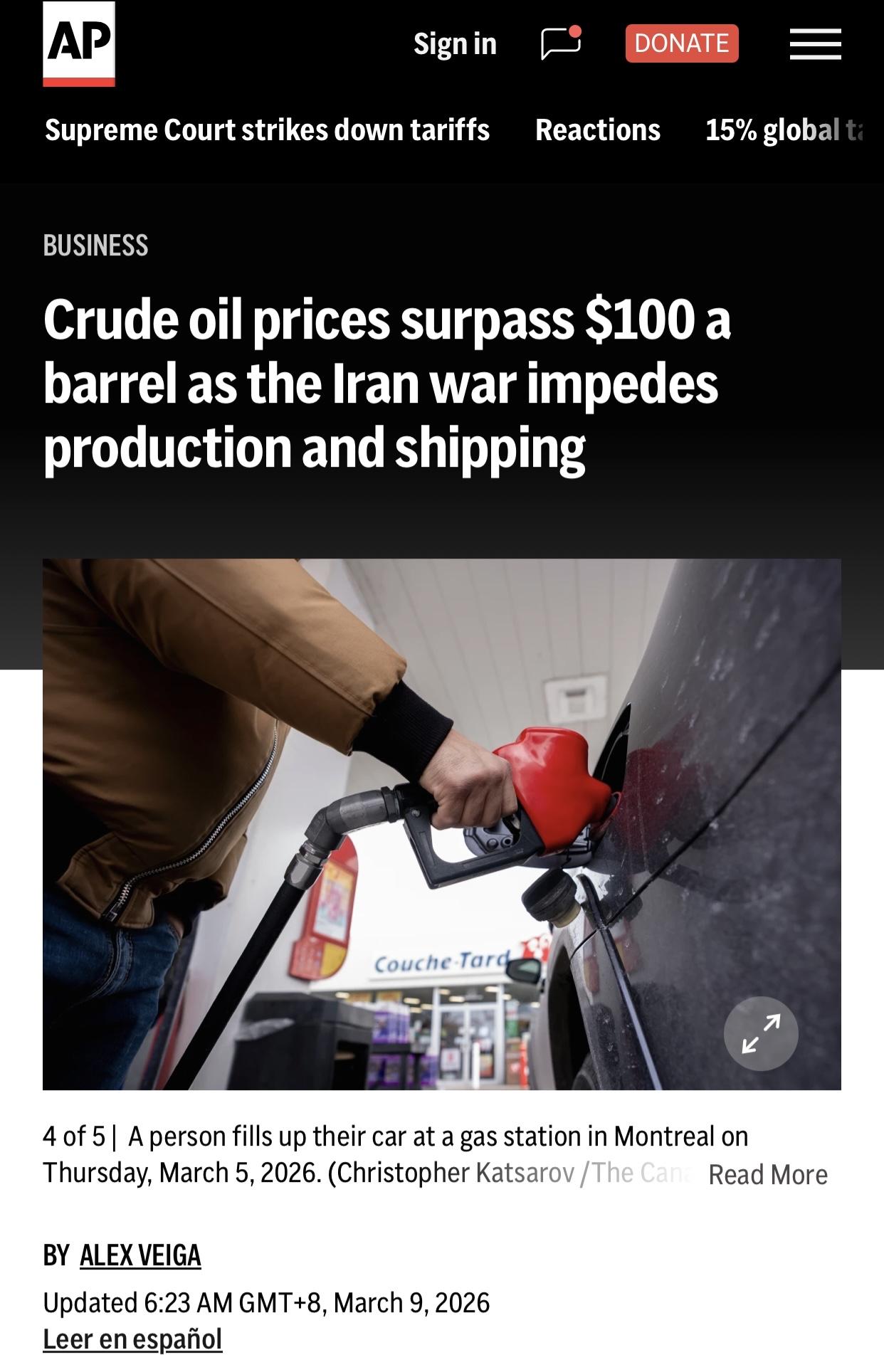 美联社：原油价格逾三年半以来首次突破每桶100美元美联社芝加哥3月9日电: