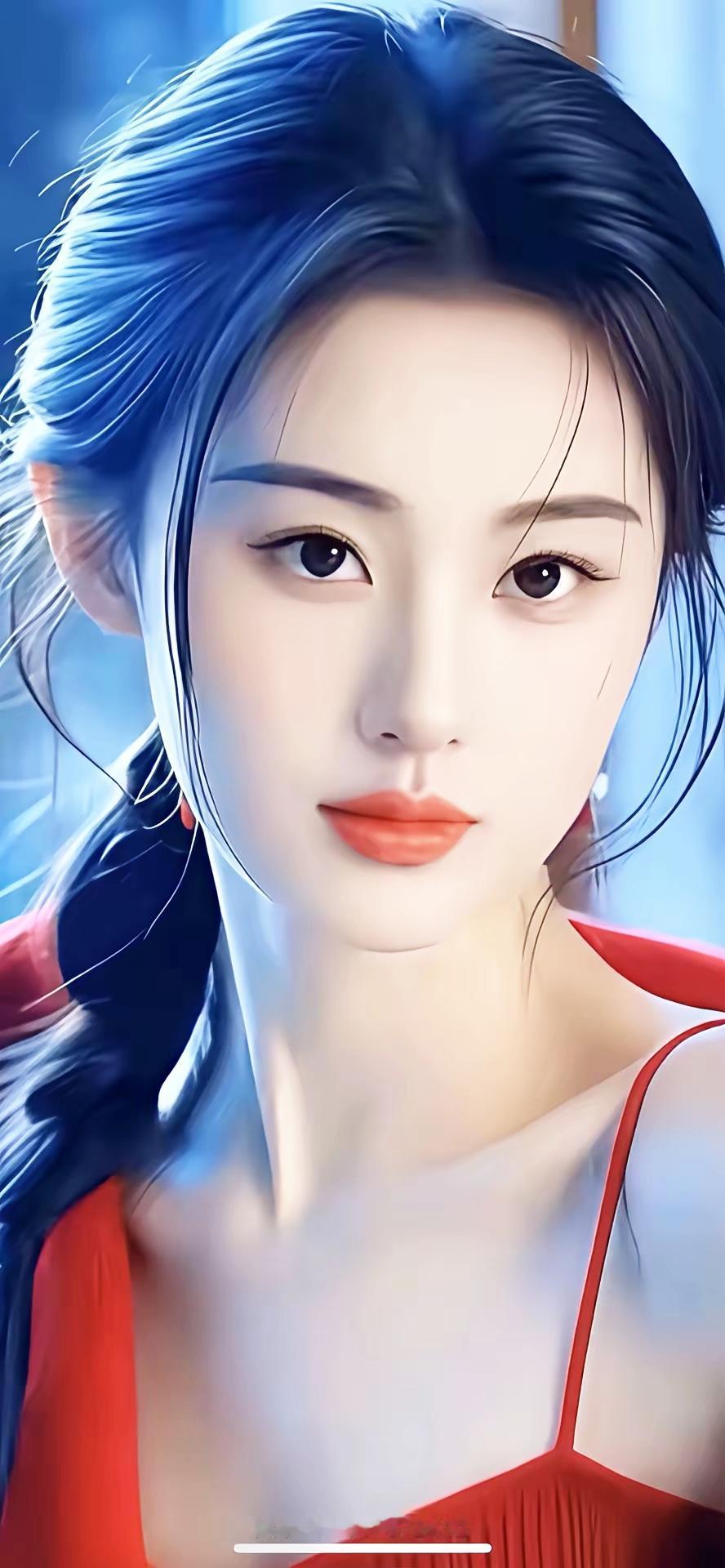 温柔蓝发少女，红衣惊艳，唯美动人