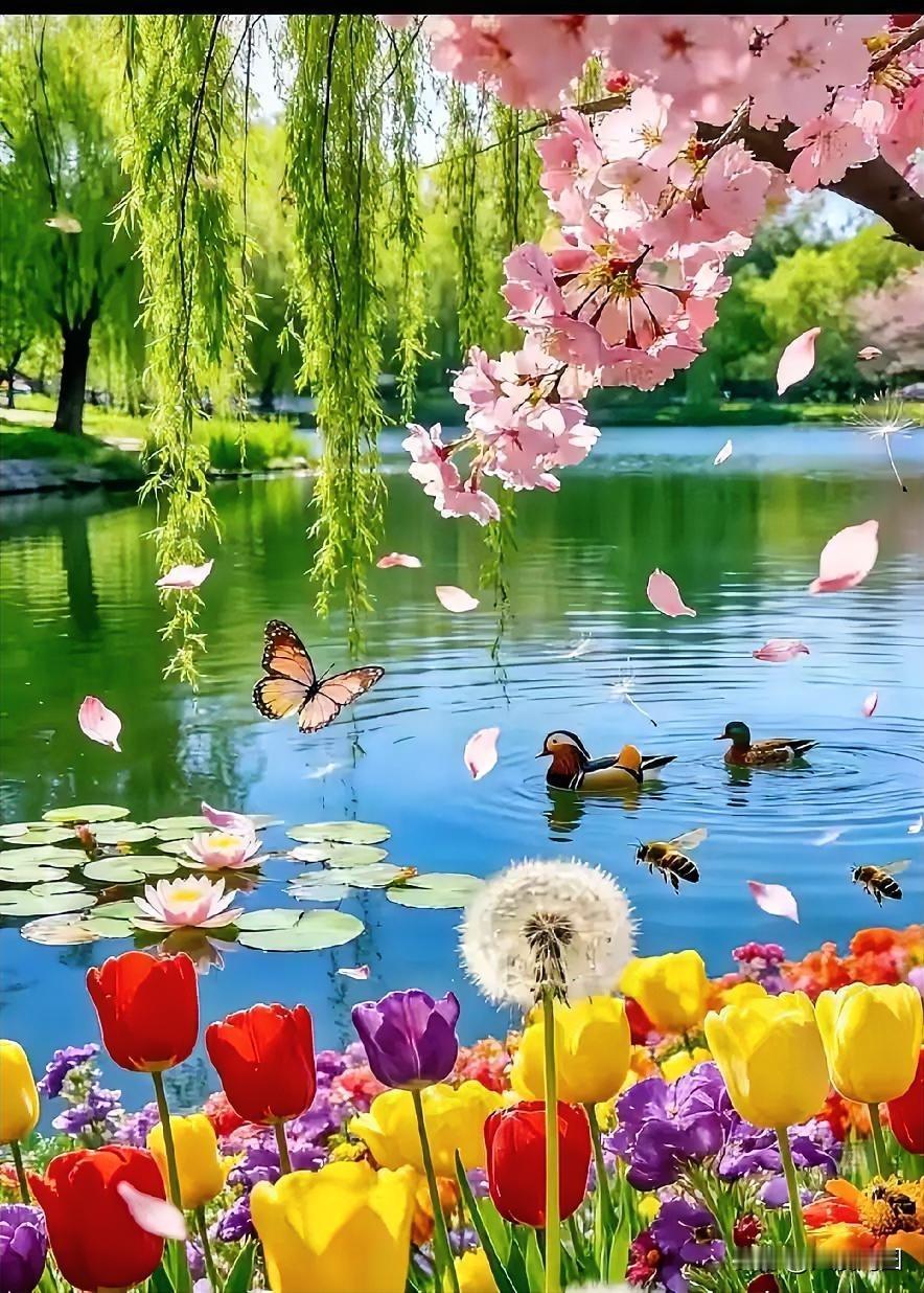 春日的湖畔，繁花似锦，蝴蝶在花丛中轻盈地翩翩起舞，景致美不胜收！🌸🦋💦花