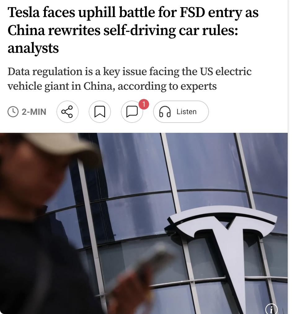 外媒：特斯拉在中国推进完全自动驾驶（FSD）面临严峻挑战。尽管特斯拉近期在华