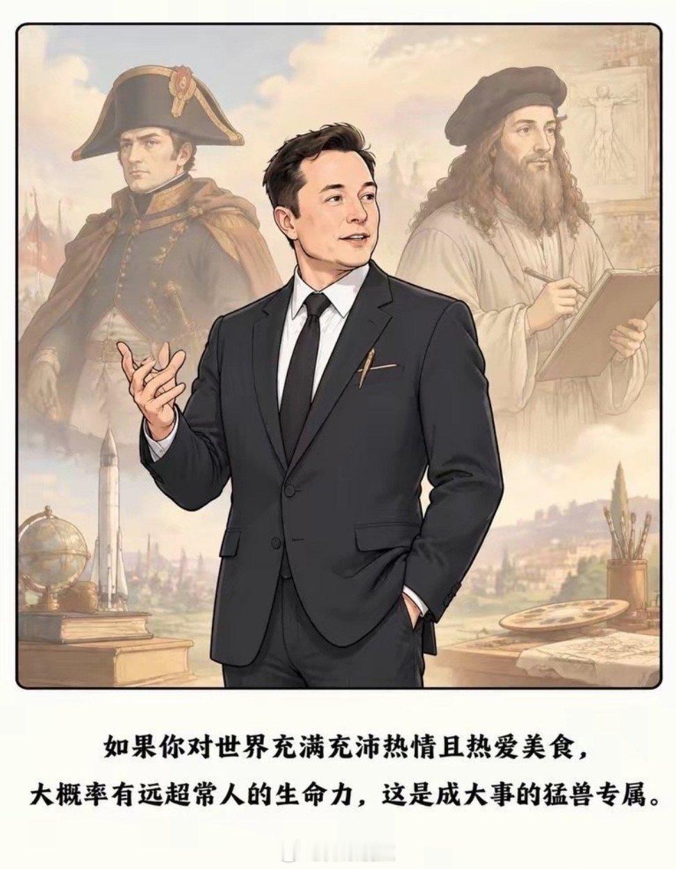 马斯克说性欲旺盛痴迷美食的人，大概率是能成大事的猛兽？​这话糙到扎心，可你看拿破仑一天只睡4小时，剩