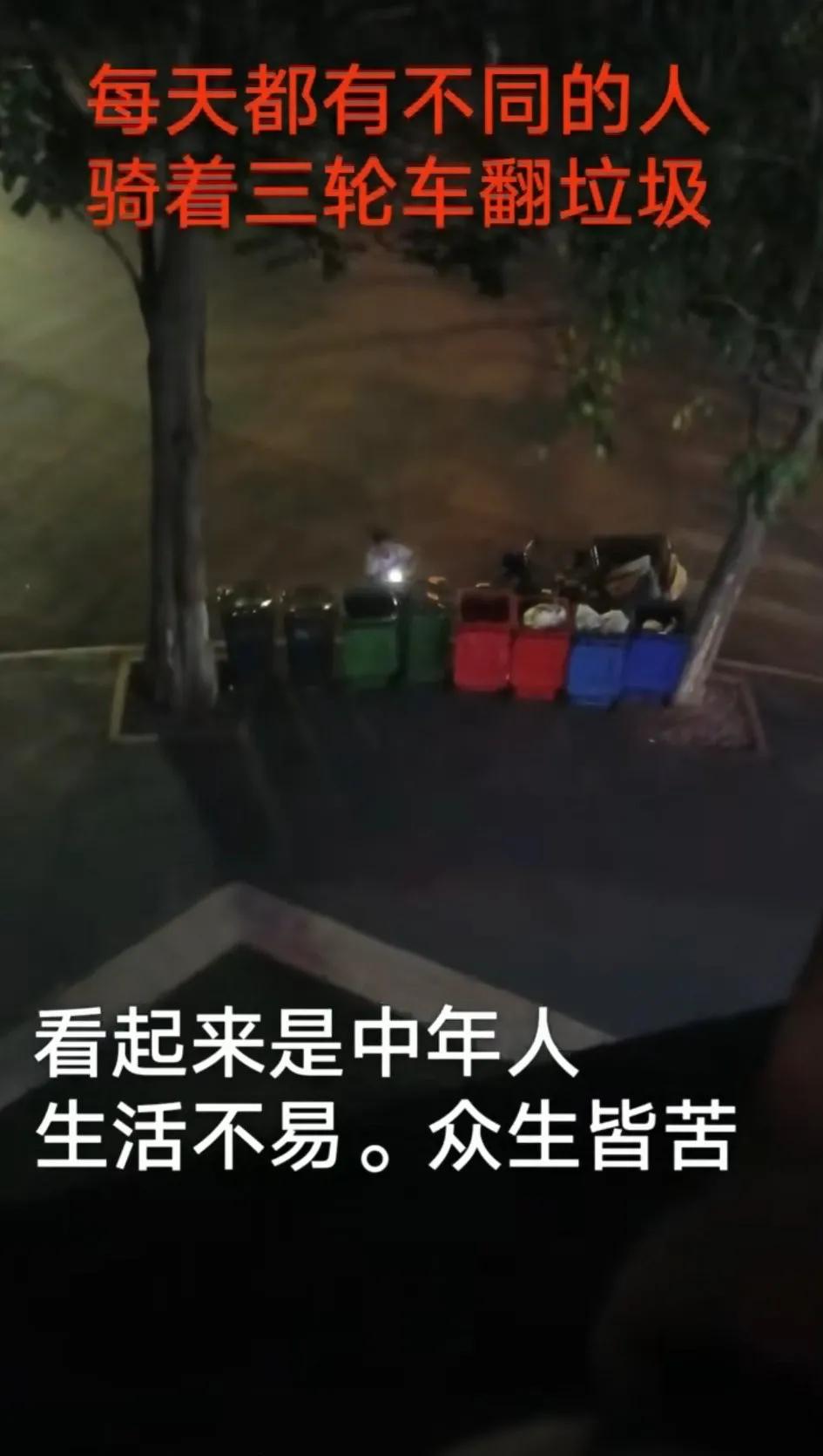 楼下路边有一排垃圾桶，经常看到有人在翻垃圾桶！特别是晚上，经常看到有人戴着头灯在
