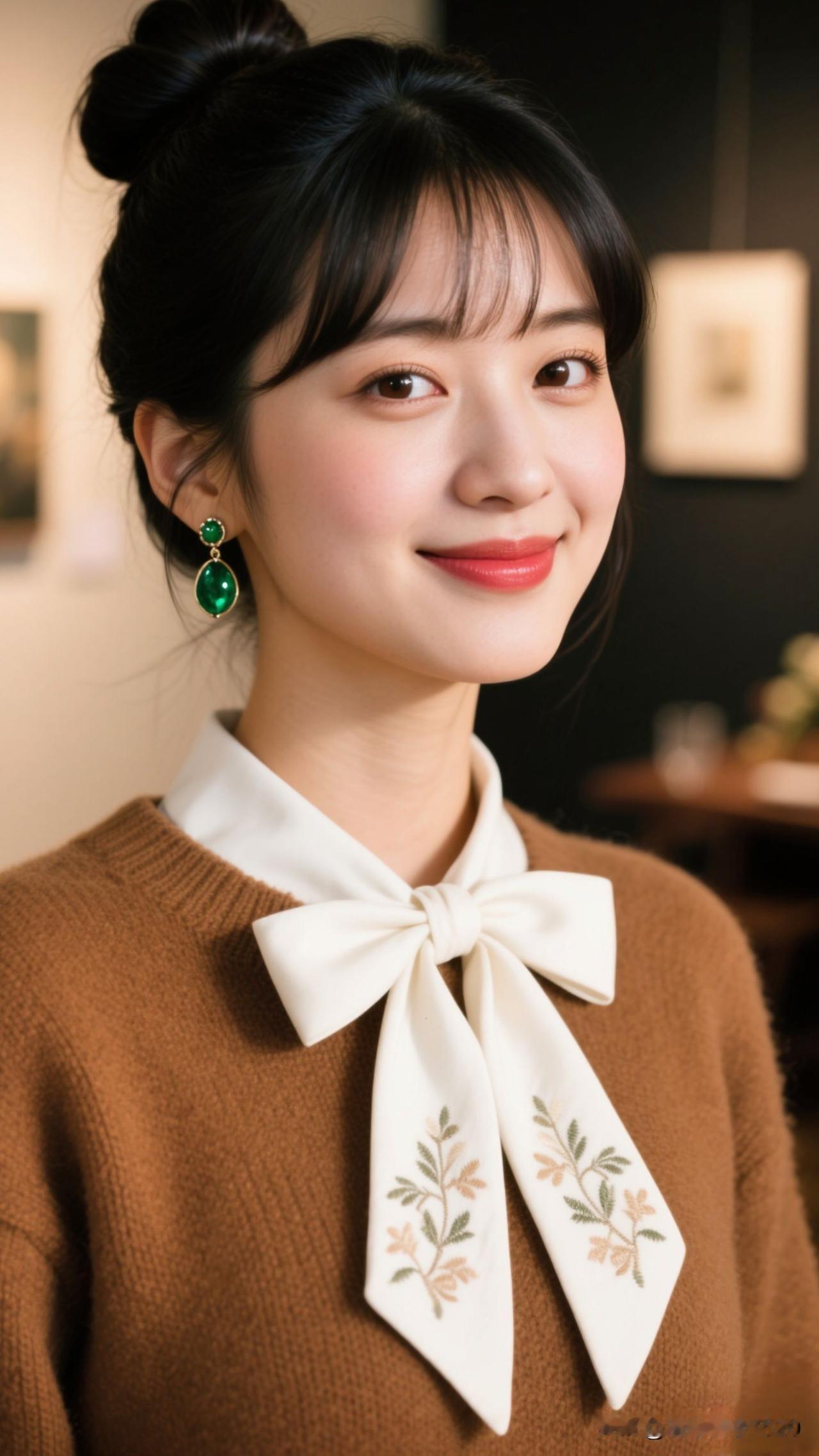 ✨暖棕为底，白绸结着温柔的风，绿宝石坠成眸中的星，她的存在就是秋日最治愈的标点