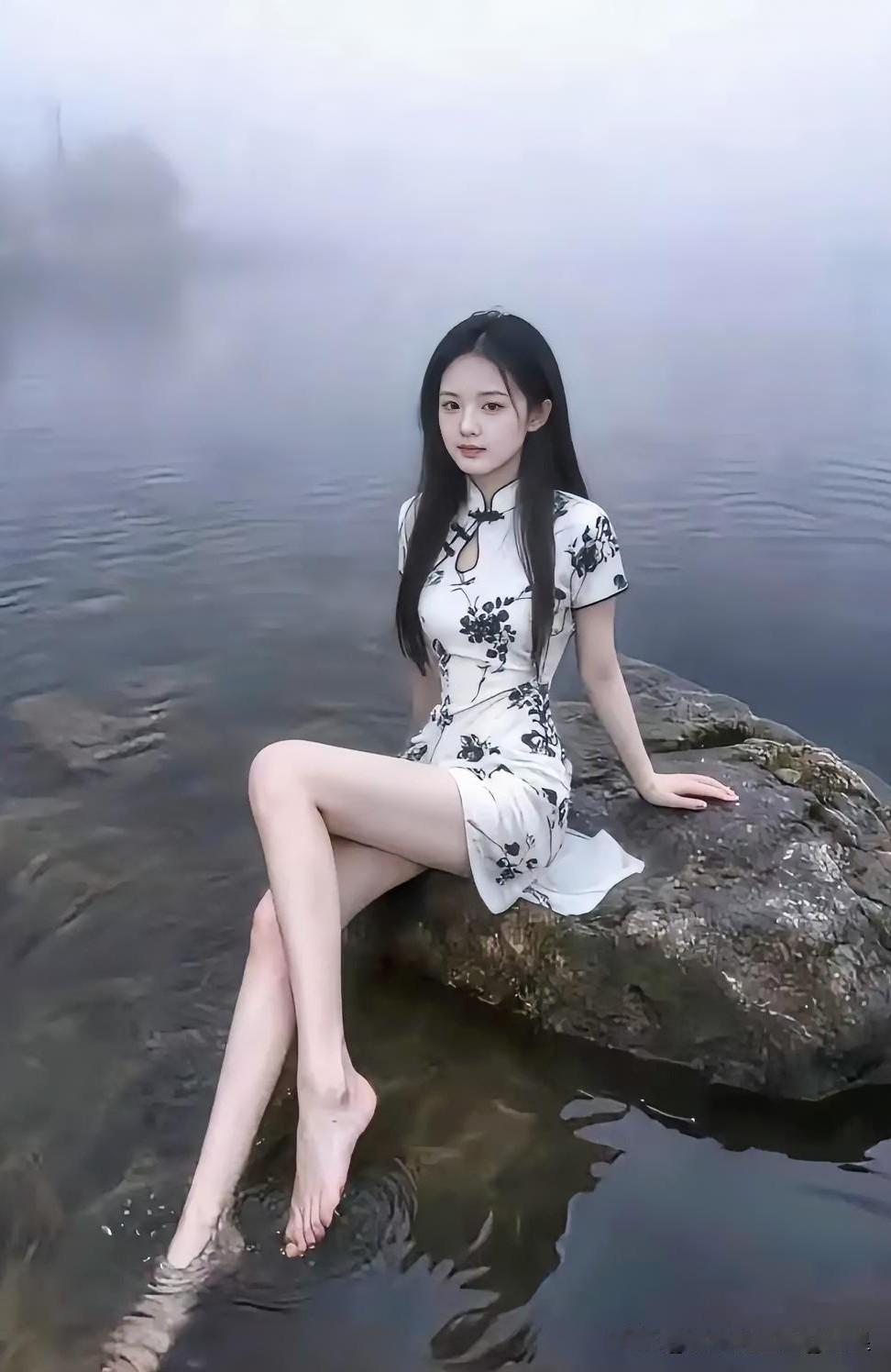 黑白玫瑰花🌹旗袍美女，在水中央宛如一朵睡莲[赞]湖面雾气缭绕，如同仙境，